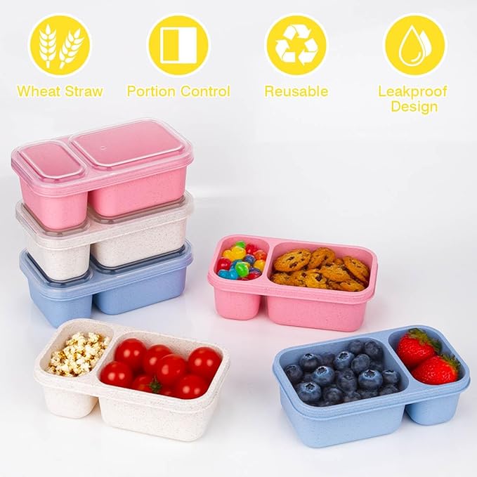 DOSEWART 6Pack 2-Compartment Reusable Snack Containers with Lids, Wheat Straw Reusable Snack Packs for Meal Prep Food Storage On-the-Go Snacking