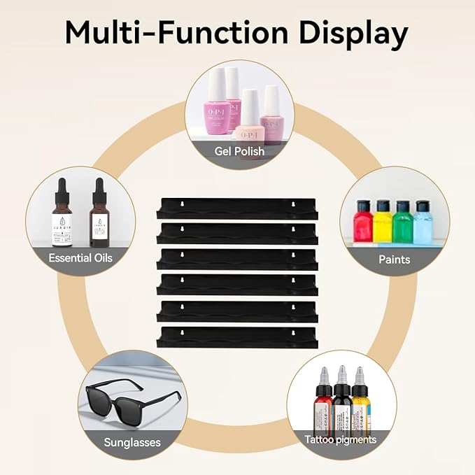 BTremary 15" Nail Polish Rack Wall Mounted Shelf Acrylic Paints Gel Polish Organizer and Storage with End Caps for Nail Techs, Art Lovers, Great Display Salons, Floating Shelves for Wall, Black
