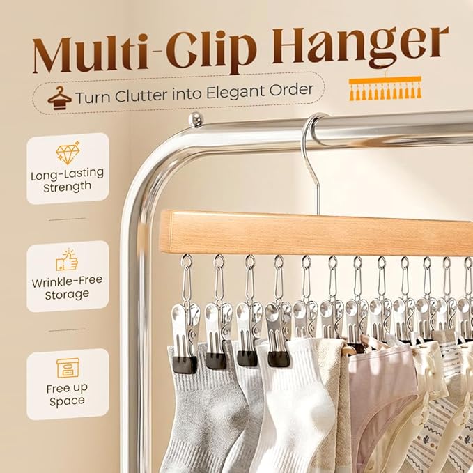 Closet Organizer with 12 Clips, 2026 Upgrade Space Saving Hanging Closet Organizer, Space-Saving Hat Scarf Clothespins for Jeans Skirts Socks Pant Hangers with Clips (Black)