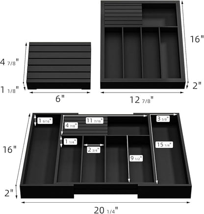 Utensil Organizer Silverware Tray for Drawer - Bamboo Knife Drawer Organizer Expandable Cutlery Organizer in Drawer Knife Block W12.8-20.2" x L16 x H2 (Black)