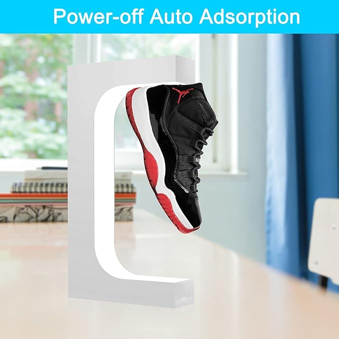 UVEHAS Levitating Shoe Display Magnetic Levitation Sneaker Stand with LED Light, Rotating Floating Holder Rack for Shoes Collectors Advertising Exhibition Shoe Store Show Home Decoration, White