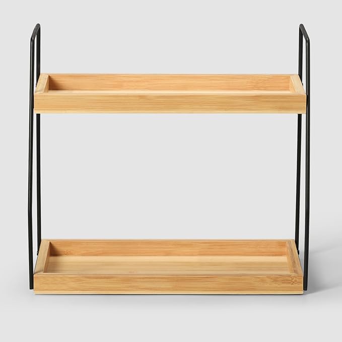 Bamboo Bathroom Counter Organizer, Wooden Bathroom Sink Countertop Organizer, 2 Ties Vanity Counter Top Shelf, Dresser Skincare Storage Rack
