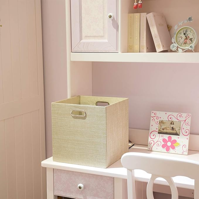 Posprica Foldable Storage Bins,13×13 Storage Cubes Basket Containers for Shelf Cabinet Bookcase Boxes,Thick Fabric Drawers - Set of 2, Beige