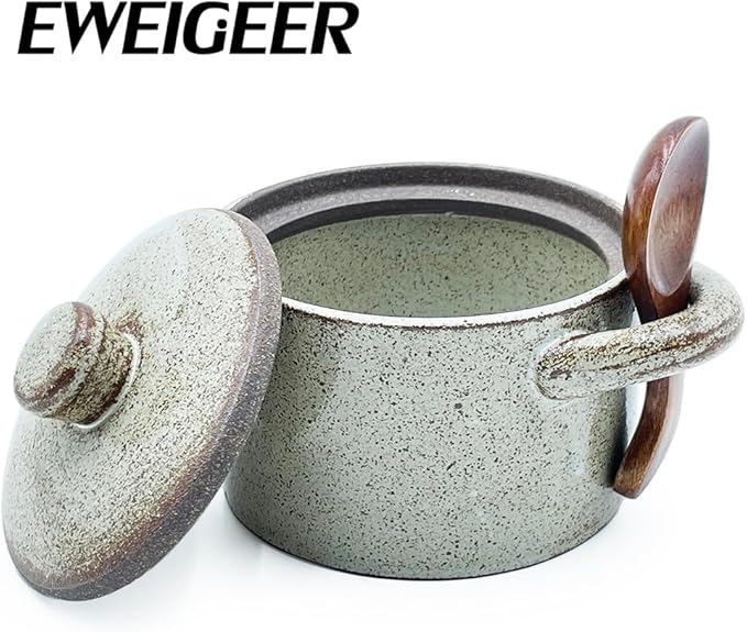 Ceramic Salt Cellar With Lid & Spoon,8oz Salt Container For Countertop,Sugar Bowl,Spice Jar(Coarse Pottery Color)