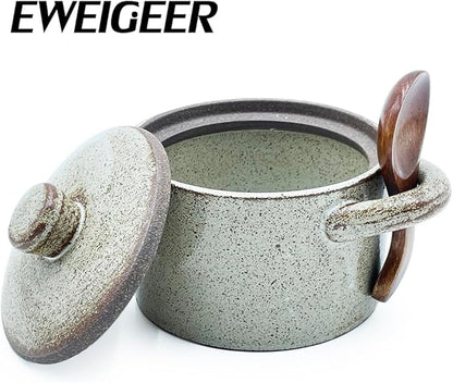 Ceramic Salt Cellar With Lid & Spoon,8oz Salt Container For Countertop,Sugar Bowl,Spice Jar(Coarse Pottery Color)