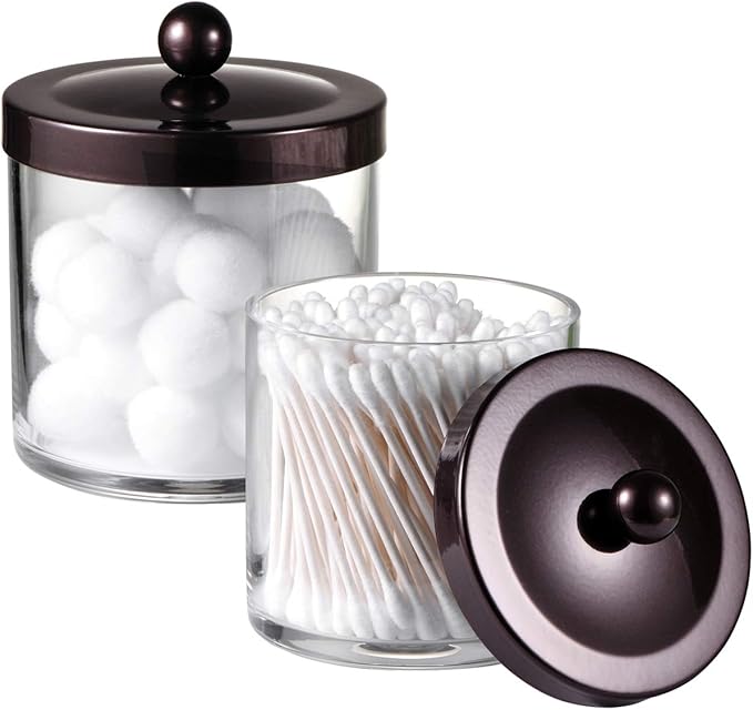 SheeChung 2-Pack Plastic Apothecary Jars with Bronze Metal Lids-25oz & 15oz Clear Acrylic Qtip Holder Set- Shatterproof Bathroom Vanity Organizer for Cotton Balls, Swabs-Modern Farmhouse Rustic Decor