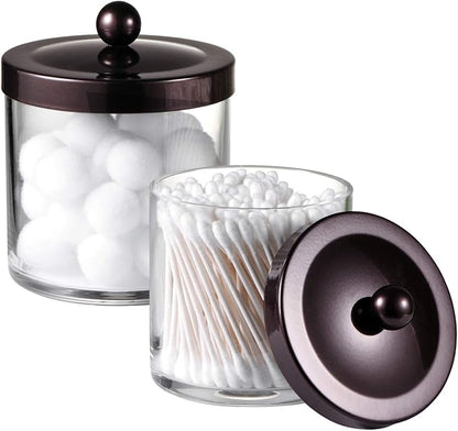SheeChung 2-Pack Plastic Apothecary Jars with Bronze Metal Lids-25oz & 15oz Clear Acrylic Qtip Holder Set- Shatterproof Bathroom Vanity Organizer for Cotton Balls, Swabs-Modern Farmhouse Rustic Decor