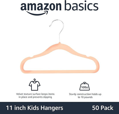 Amazon Basics Kids Space Saving Velvet Non-Slip Clothes Hangers with Shoulder Notches for Infant and Toddler, 11.6", Blush, 50-Pack