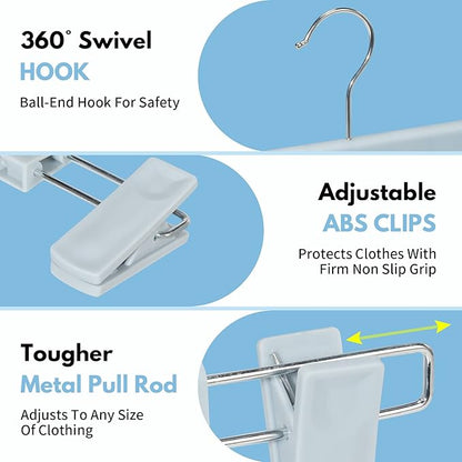 Skirt Hangers，Pants Hangers with Clips，360 ° Swivel Hooks Space Saving Hangers for Pants, Skirts, Clothes, Jeans (10Pack, Light Blue)