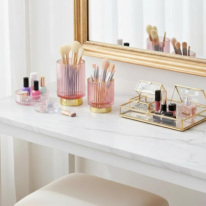 Glass Makeup Brush Holder Organizer, Gold Toothbrush Holders for Bathroom, Pink Makeup Brush Holder Cup for Vanity, Desktop Crystal Eyeliners Eyebrow Pencil Storage Cup Holder