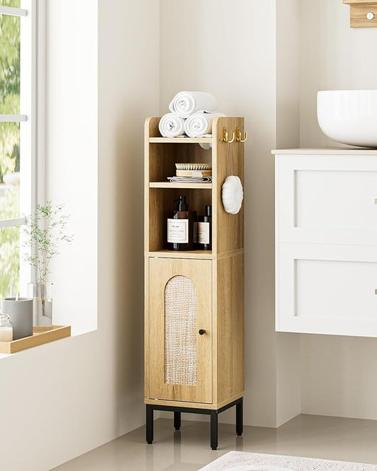 Bathroom Storage Cabinet, Small Corner Floor Hutch with 2Hooks,Narrow Toilet Paper Cabinet with Rattan Door,Bathroom Organizer with Adjustable Shelf, for Small Spaces,Oak