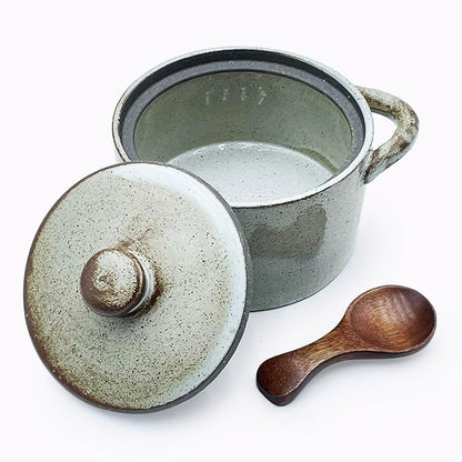 12 oz Ceramic Salt Cellar with Lid & Wooden Spoon,Countertop Salt Container,Sugar Bowl,Spices Jar| Artisan Kitchen Decor(Coarse Pottery)