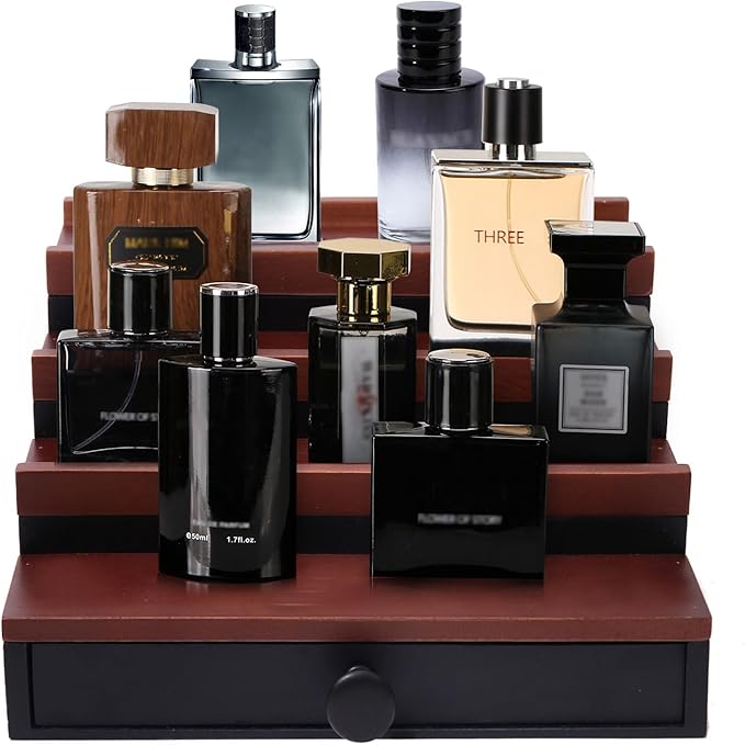 Cologne Organizer for Men - 4 Tier Walnut Black Wooden Cologne Display Stand with Drawer and Hidden Compartment, Mens Cologne Holder Shelf for Organizing and Storing, Walnut Black