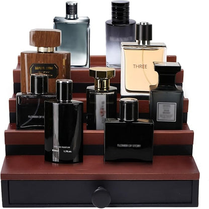 Cologne Organizer for Men - 4 Tier Walnut Black Wooden Cologne Display Stand with Drawer and Hidden Compartment, Mens Cologne Holder Shelf for Organizing and Storing, Walnut Black