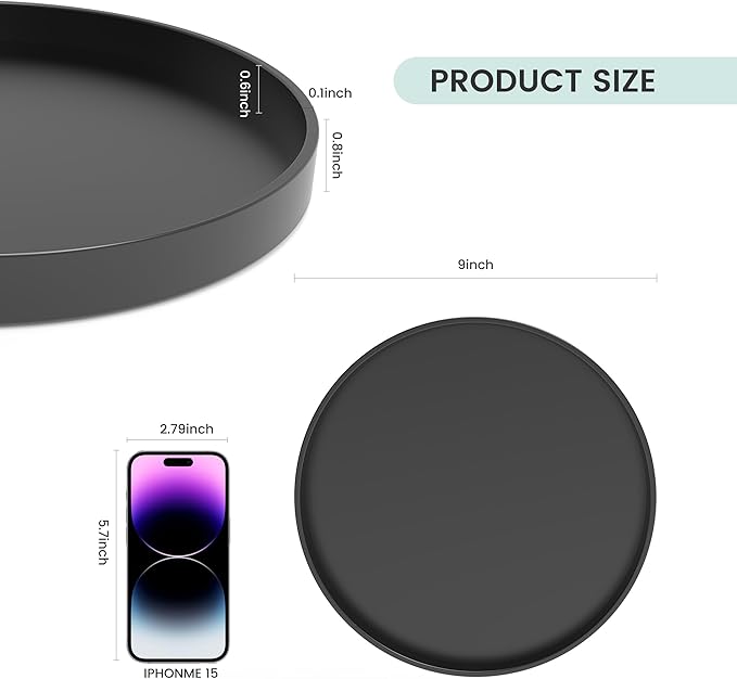 Bathroom Vanity Tray, 1 Pack 9" ABS Black Round Vanity Trays for Bathroom Counter, Dresser Decor Trays for Perfume, Candles, Keys, Kitchen Countertop Organizer, Decorative Tray Soap Holder