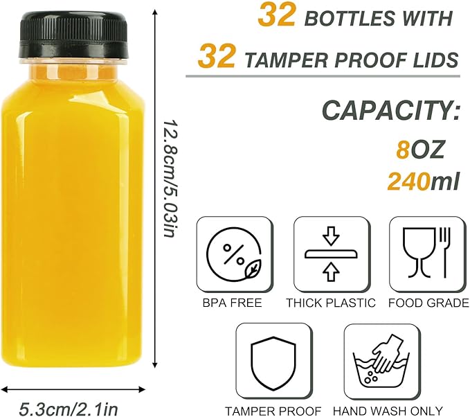 TOMNK 32pcs 8oz Plastic Juice Bottles with Caps Empty Reusable Clear Bottles with Label, Funnel and Brush Beverage Containers Bulk with Lids for Juicing, Smoothies, Fridge