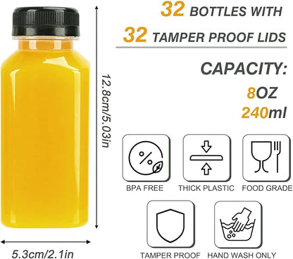 TOMNK 32pcs 8oz Plastic Juice Bottles with Caps Empty Reusable Clear Bottles with Label, Funnel and Brush Beverage Containers Bulk with Lids for Juicing, Smoothies, Fridge