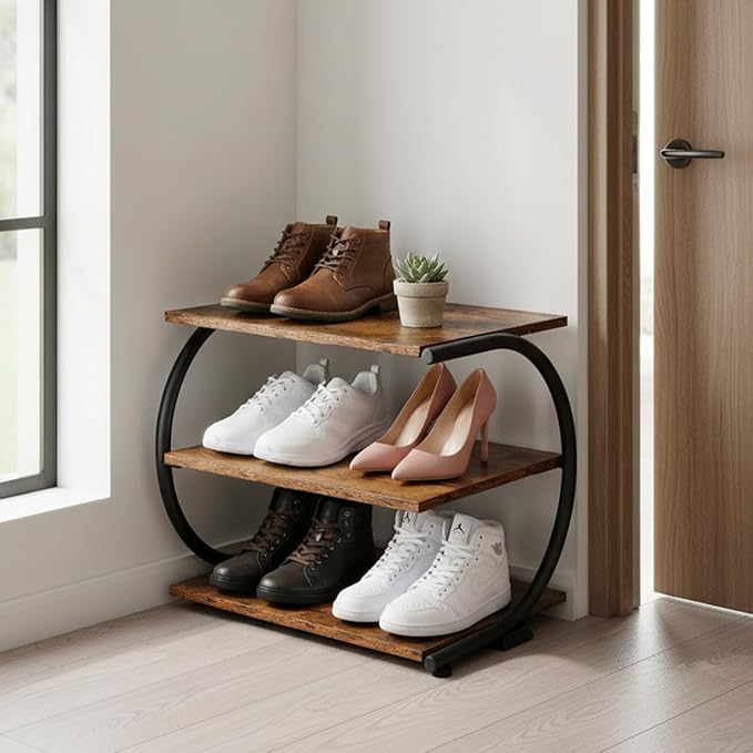 C-Shaped 3-Tier Shoe Rack with Metal Frame & Adjustable Feet - Compact Organizer for Entryway, Closet, Hallway (Holds 11 lbs/Shelf)