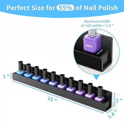 NIUBEE 6 Pack Nail Polish Rack Wall Mounted Shelf with Removable Anti-slip End Inserts, Acrylic Nail Polish Organizer Display 90 Bottles(Black)