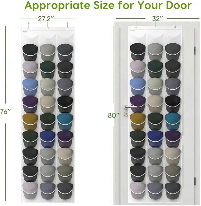 Baseball Hat Rack, 24 Pocket Over-The-Door Hat Organizer with Clear Deep Pockets to Display Baseball Caps Collection, Complete with 3 Over Door Hooks (White, 30 Pockets)