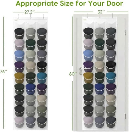 Baseball Hat Rack, 24 Pocket Over-The-Door Hat Organizer with Clear Deep Pockets to Display Baseball Caps Collection, Complete with 3 Over Door Hooks (White, 30 Pockets)
