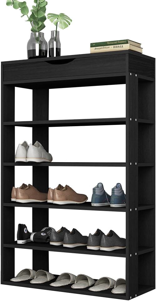 sogesfurniture 5-tier Wooden Shoes Rack Organizer with Storage Compartment, Free Standing Shoe Storage Shelf for Entryway, Living Room, Hallway, Doorway (29.5" Black)