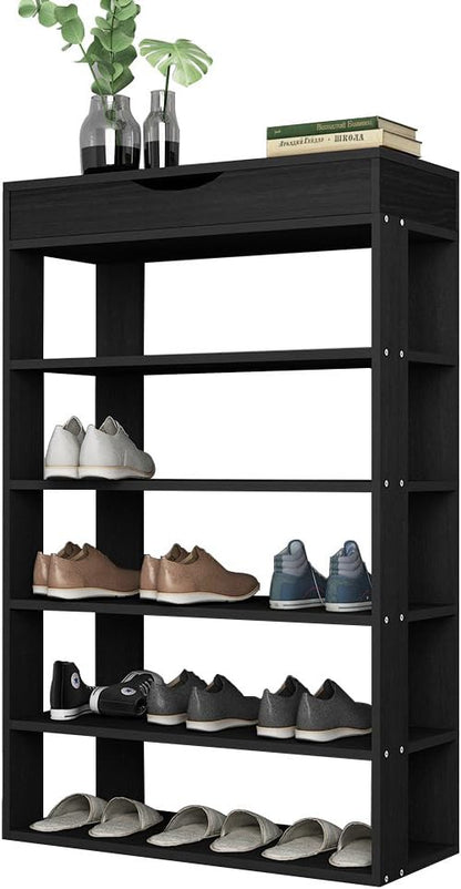 sogesfurniture 5-tier Wooden Shoes Rack Organizer with Storage Compartment, Free Standing Shoe Storage Shelf for Entryway, Living Room, Hallway, Doorway (29.5" Black)