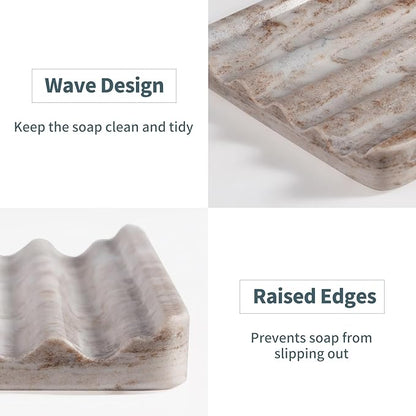 2 Pcs Soap Dish for Bathroom, Marble Bar Soap Holder for Kitchen Countertop, Soap Tray with Wavy Design, Soap Saver for Bath Tub, Sponges, Italian Natural Stone(Palissandro Classico)