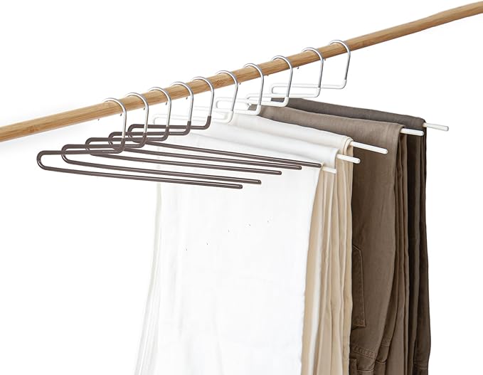 SHIMOYAMA Space Saving Pant Hangers, 5 Pack, Semi-Open Trouser Hanger for Jeans & Pants, Single Rod Closet Organizer for Slacks, Khakis (Chocolate Brown)
