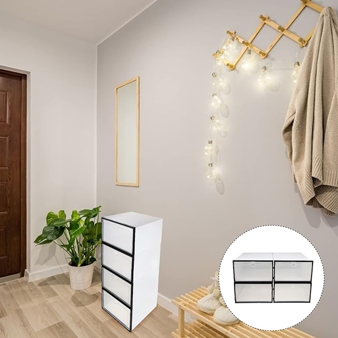 Men's Shoe Storage Boxes 4 Pack Plastic Storage Bins Black Frame for Home Sturdy and Space-saving