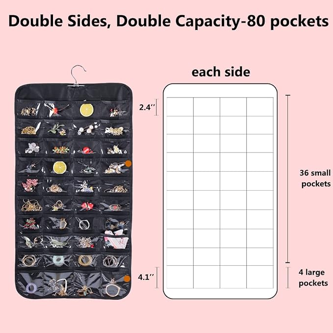 Bloss Hanging Jewelry Organizer for Closet, 80 Pockets Earring Holder Organizer and storage, Earring Organizer Hanging Jewelry Holder Storage for Women Gift, Wall Earring Holder for Girls, Black