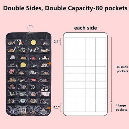 Bloss Hanging Jewelry Organizer for Closet, 80 Pockets Earring Holder Organizer and storage, Earring Organizer Hanging Jewelry Holder Storage for Women Gift, Wall Earring Holder for Girls, Black