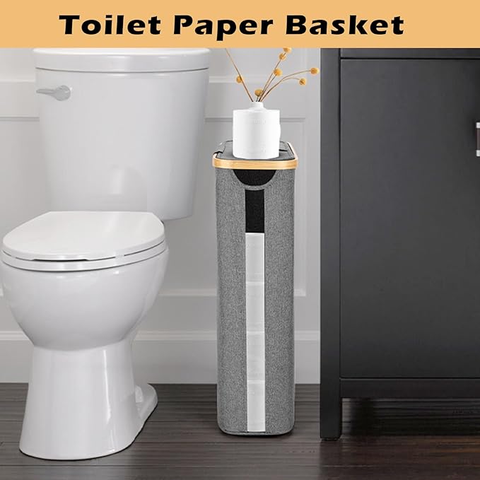 Odonata Large Toilet Paper Storage Basket with Lid, Slim Toilet Paper Organizer, Hold up to 20 Regular Rolls or 15 Mega Rolls. (Grey, 49L)