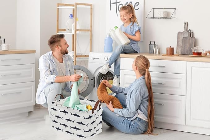 Rectangular Shark Basket,Kids Basket for Boys,Collapsible Toy Organizer Bin with Handles for Clothes Storage.(Sharks)
