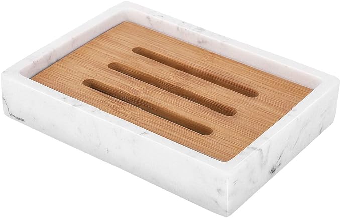 Luxspire Bamboo Soap Dish, Resin Soap Holder with Drainage, Wooden Soap Dish for Shower, Bathroom, Sink, Kitchen and Countertop, Gravel White