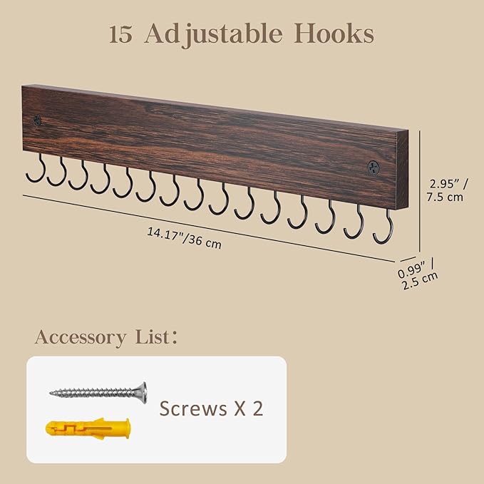 Lolalet Wooden Necklace Holder for Wall with 15 Hooks, Necklaces Hanger Easy Install Wall Mount Necklace Organizer, Jewelry Hangers for Chains, Bracelets, Earrings -2 Set, Brown