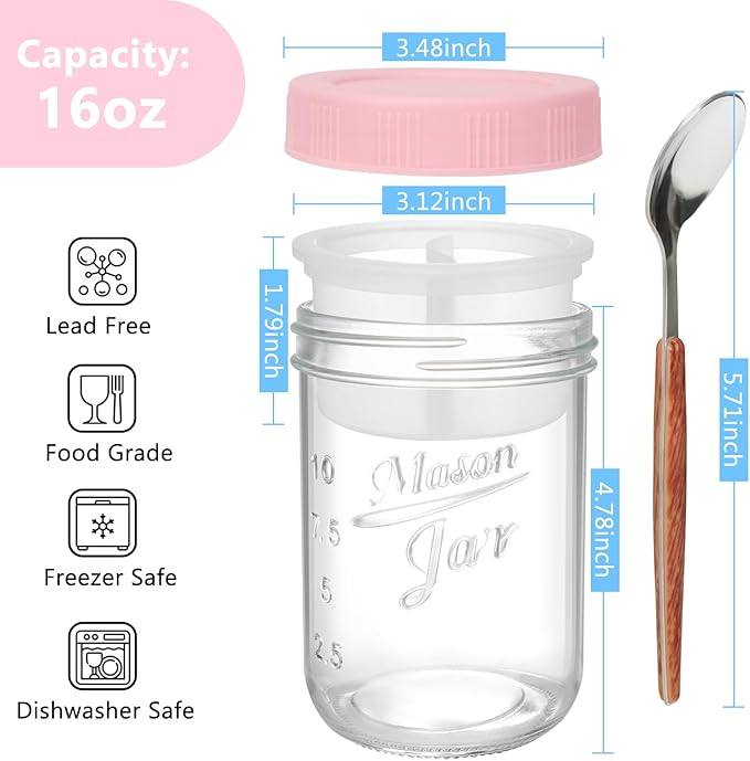 OcePor 6 Pack Overnight Oats Containers with Lids and Spoons, 16 oz Glass Mason Overnight Oats Jars with Removable Separate Compartments, Large Capacity Airtight Jars for Milk, Cereal, Fruit (Pink)