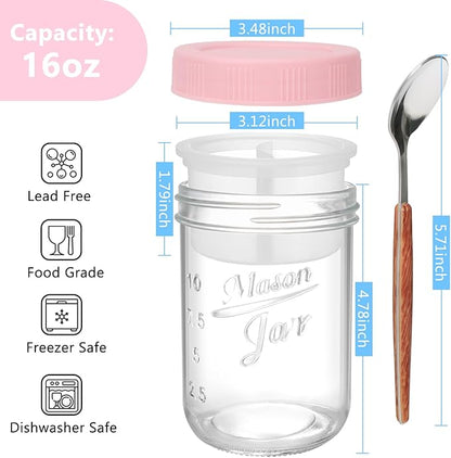 OcePor 6 Pack Overnight Oats Containers with Lids and Spoons, 16 oz Glass Mason Overnight Oats Jars with Removable Separate Compartments, Large Capacity Airtight Jars for Milk, Cereal, Fruit (Pink)