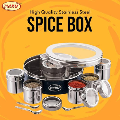 MARU Stainless Steel 8 in Masala Dabba - Authentic Indian Spice Box Set for Kitchen, Spice Rack Container Indian Masala Spice Boxes, See Through Lid 8 Containers, 3 Spoons (20.5Cms) (Blue)