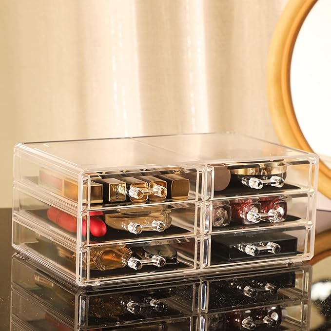 Cq acrylic 1 Pack Clear Stackable Storage Drawers for Vanity,Stackable 6 Drawers Desktop Organizer With Drawers,Cute Desk Storage for Office,Jewelry,Hair Clip,Beauty,Skincare and Make Up Organizers