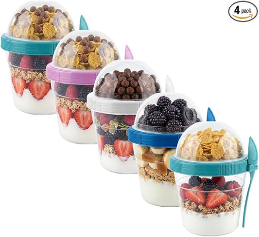 4 Pack 17 oz Small Breakfast On The Go Yogurt Parfait Cups, Reusable Plastic Containers with Lids and Spoons, Perfect Jars for Overnight Oats Cereal Granola Oatmeal (5 Colors)