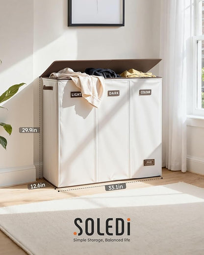 SOLEDI 200L 3-Section Laundry Hamper with Lid, Extra Large Dirty Clothes Basket with Sturdy Handles for Laundry Room & Bedroom - Durable Organizer for Sorting Laundry
