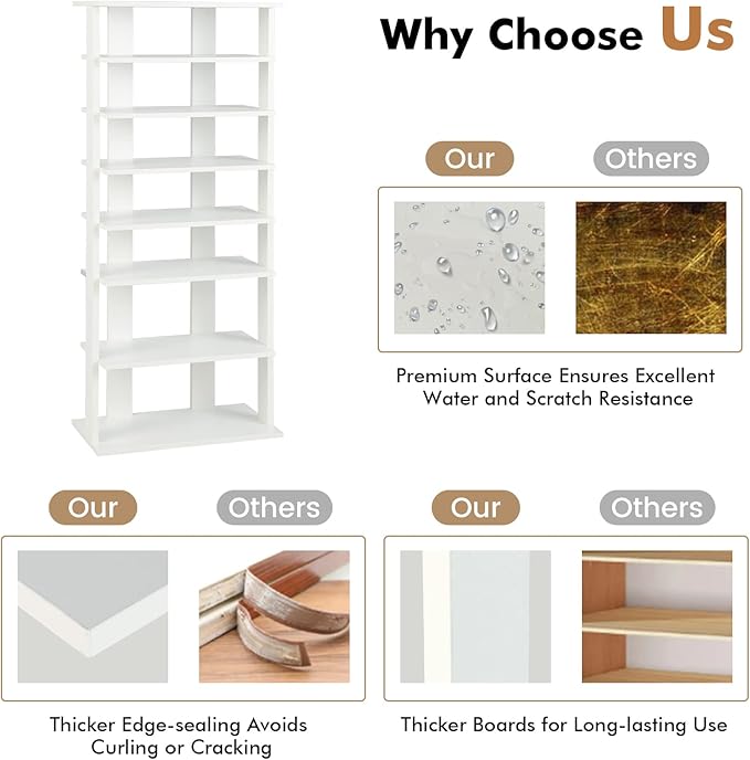 COSTWAY 7 Tiers Shoe Rack, Double Rows Vertical Tall Narrow Patented Shoe Organizer, Free Standing Shoe Rack for Small Space, Entryway, Closet, Living Room, Bedroom (White)