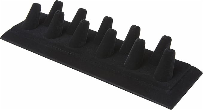 Plymor Black Velvet Ring Finger Display, Eleven on Rectangular Base, 11.125" W x 3.375" D x 2.125" H
