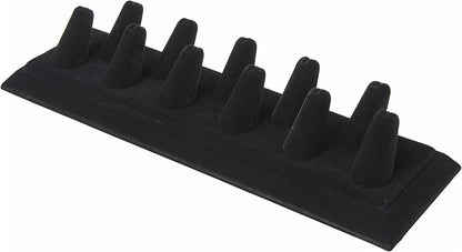 Plymor Black Velvet Ring Finger Display, Eleven on Rectangular Base, 11.125" W x 3.375" D x 2.125" H