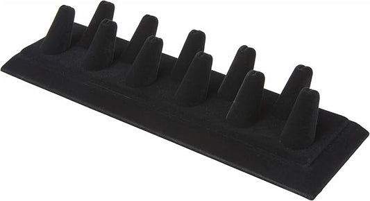 Plymor Black Velvet Ring Finger Display, Eleven on Rectangular Base, 11.125" W x 3.375" D x 2.125" H