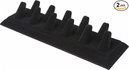 Plymor Black Velvet Ring Finger Display, Eleven on Rectangular Base, 11.125" W x 3.375" D x 2.125" H (Pack of 2)