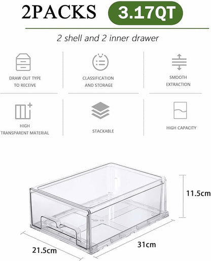 bealy 2 Pack Stackable Clear Drawer Organizer, Large Pull Out Fridge Organizers and Storage Container, Refrigerator Organizers and Storage for Fruit, Produce, Vegetables, Drinks, Snack and Food