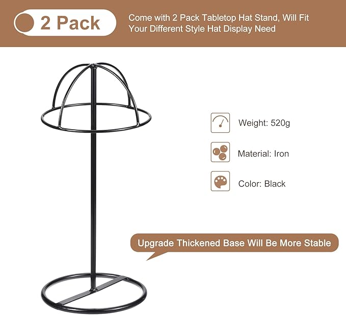 uxcell Metal Hat Display Stand 2 Pack Tabletop Hat and Wig Rack Holder Freestanding for Baseball Cap, Fedora Hat, Cowboy Hat - Black, 14 Inch
