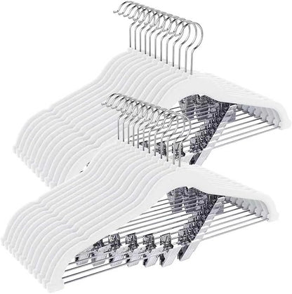 Korpai 24-Pack White Velvet Hangers with Clips Adjustable,Outfit Hangers,Heavy-Duty,Non-Slip,Space Saving, Felt Hanger for Pants, Skirts, Suits,Coats, Dresses ect.